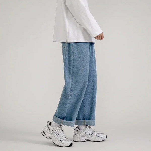 Koreansk Fashion Mænd Baggy Jeans Klassisk All-Match Solid Farve Straight-Leg Denim Bredben Bukser Mand Lys Blå Grå Sort GRAY Asia M (50-57.5kg)