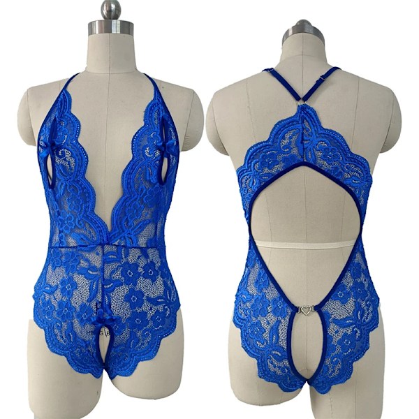 Porr Crotchless Underkläder För Kvinnor Lace Skjut Transparent Teddy Erotiska Kostumer Sexiga Underkläder Deep V Öppna Bra Baby Doll Klänning 03-Blue M