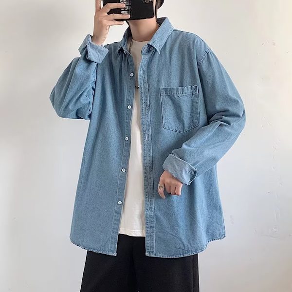Mænds Sommer Trendy Lat Trendig Ungdom Popularitet Skjorte 2023 Ny Square Krave Langærmet Kunstnerisk Harajuku Style Trøje Mænd Light Blue M