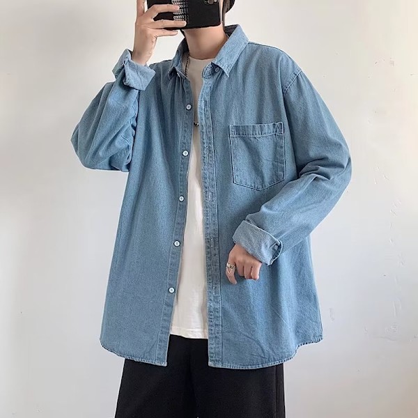 Mäns Sommar Trendy Lat Trendig Ungdom Popularitet Skjorta 2023 Ny Square Krage Lång Ärm Konstnärlig Harajuku Style Tröja Män Light Blue XXXL