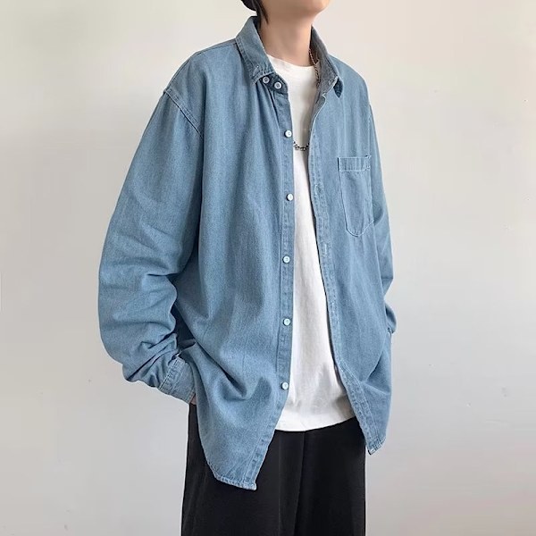 Mænds Sommer Trendy Lat Trendig Ungdom Popularitet Skjorte 2023 Ny Square Krave Langærmet Kunstnerisk Harajuku Style Trøje Mænd Light Blue M
