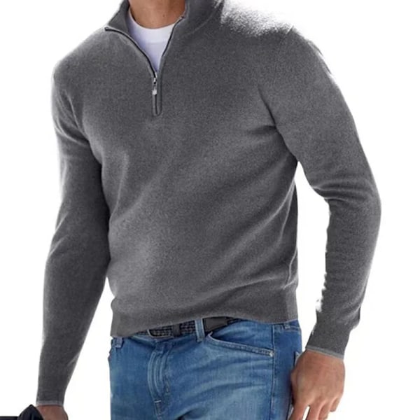 Hösten Mäns Svettväv Varm Pullover Solid Färg Halv Blixtlås Casual Tröja Slim V-Hals Lång Ärm Mäns Sweatshirts Vintertopp Dark Gray Asian L(50-60Kg)