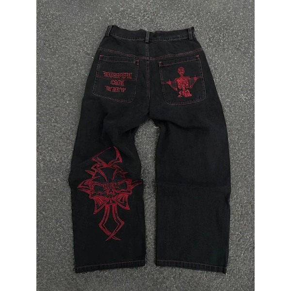 Houzhou Y2k Byxor Men Hip Hop Retro Skull Broderier Tvättade Baggy Byxor Skelett Casual Loose Bredd E Benbyxor Manliga Gatutkläder Red L