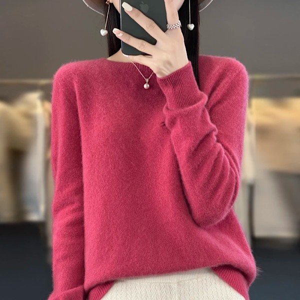 Efterår og vinter nye Merino 100% uld massiv farve varm kvindelig O-hals strikket langærmet solid farve pullover Pink M