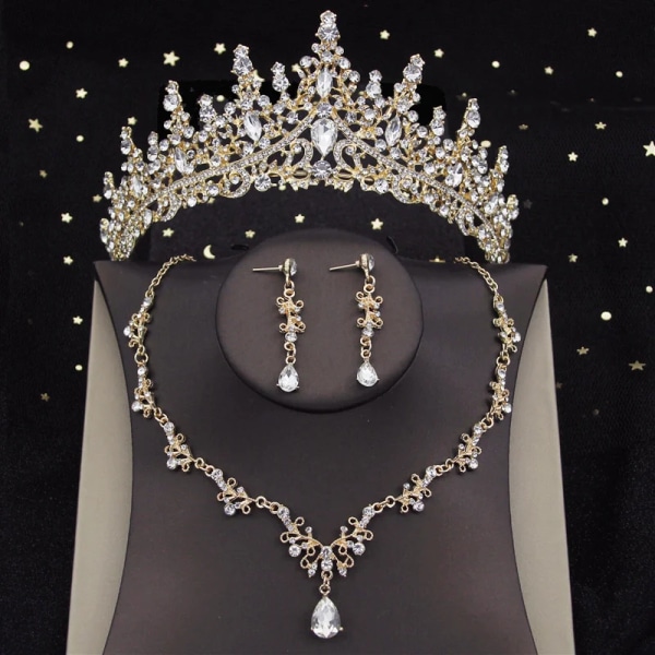 Lyx Silver Färg Kristall Vattendroppe Bröllopssmycke Set Strass Tiaror Kron Halsband Örhängen Bröllop Dubai Smyckes Set CS-001