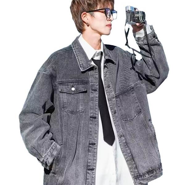 Sort Amerikansk Denim Jakke Mænds Efterår Vinter Retro Lapel Overalls Mænds Casual Top Forår Og Efterår Ny Grey XXL