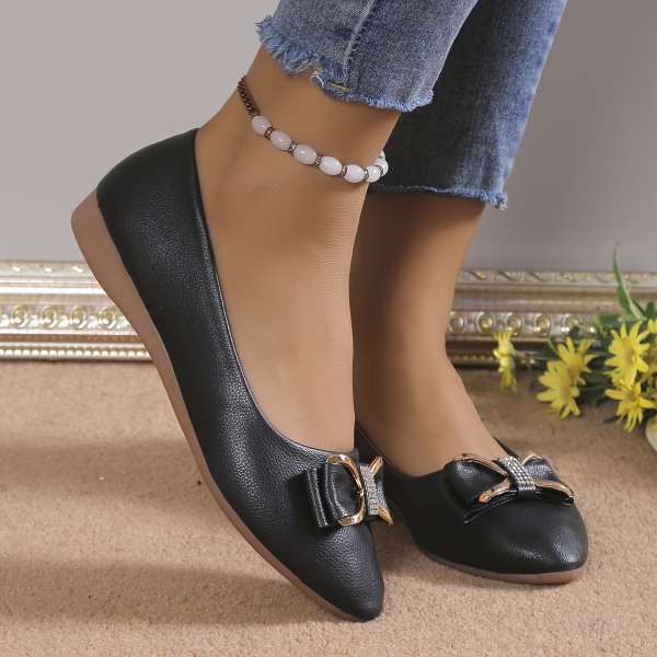 Balett med rosett för kvinnor, mode med spetsig tå Mjuk sula Slip-on-skor, mångsidiga platta skor Black CN37(EU36)