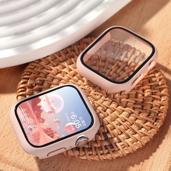 Härdat glas+ cover för Apple Watch Case 45mm 41mm 44mm 40mm 42mm Skärmskydd Apple Watch Tillbehör serie 9 4 5 6 SE 7 8 Pink sand 15 Series 4654 SE 44MM