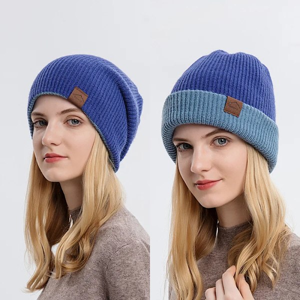 Unisex Stickad Mössa i Fast Färg för Par - Vinter & Höst, Vändbar Ullmössa, Trendig & Avslappnad, Kantlös Enkel Mössa, LUXXETON Double sided blue Adjustable