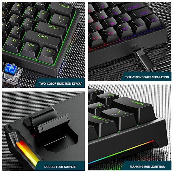 K620 Mini Gaming Mekanisk Näppäimistö 61 Näppäintä Rgb Hot Swap Typ-C Kablar Pbt Tangentknappar 60% Ergonomi Tastatur black blue switch