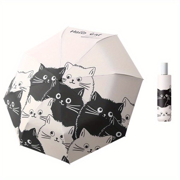Tecknad svart och vit katt automatiskt paraply, regn eller glans för dubbla användningsområden, paraply för UV-skydd Black And White Cat(Manual)