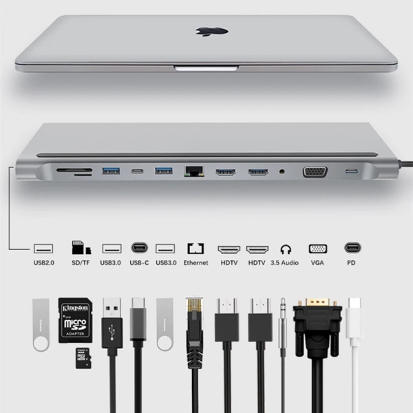 Rankman-airies USB C versus RJ45, Typ C, 4K, kompatibel HDMI, VGA, SD, TF, USB 3.0, 2.0, PD S6, Station för MacPle, iPad, Samsung S21, Dex, HDTV grey 12 in 1