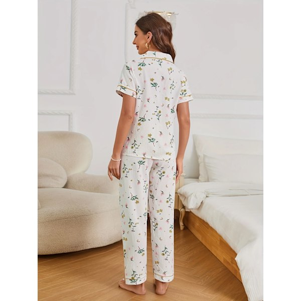 Blomstermønstret Tekstureret Pyjamasæt Casual Korte Ærmer Lapel Top & Elastiske Bukser Kvindernes Sovetøj Beige XL