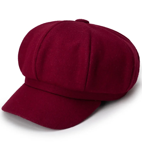 Efterårs- og vinter-Newsboy-kasketter til mænd og kvinder - Varme uldne ensfarvede ottekantede hatte til mænd - Detektivhatte - Retro-beanies - Flade kasketter - Chapeau Wine Red Hat