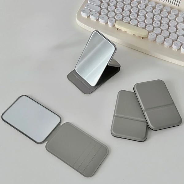 Desktop Makeup Spegel Solid Färg Pu Läder Enkel Bärbar Handdator Makeup Spegel Vikbar Student Kompakt Cute Pocket. Spegel Gray