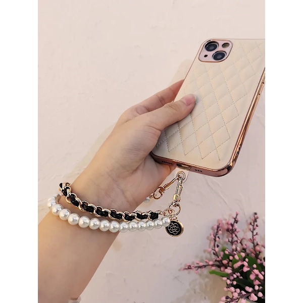 Läder Pearl Camellia Mobiltelefon Charm Armband Kedja Anti-Förlorade Universal Cell Telefon Strap Rep Pendant Metal Key Chain 260 Cm black with gasket