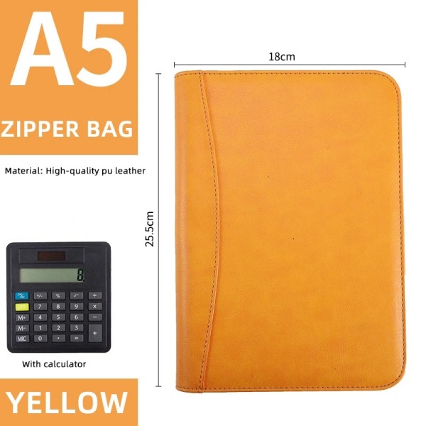 A5/A6 Business PU Läder Cover Lösblad Dragkedja Padfolio Anteckningsbok Pärm Journal Bok Anteckningsblock med kalkylator A5 Yellow