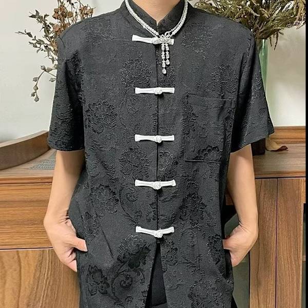 Ny kinesisk mænds kinesisk stil kinesisk frø Tang kostyme skjorte herre kortærmet forår og efterår niche design lys luksus skjorte sommer White XXL