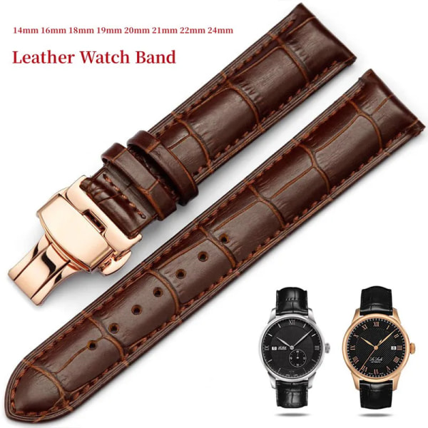 Klockarmband 14 mm 16 mm 18 mm 19 mm 20 mm 21 mm 22 mm 24 mm Armband i äkta läder Herr Universal Replacement Watch Band Watch Accessories Light Brown Gold 19mm