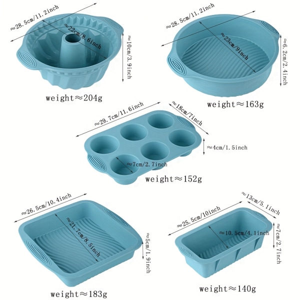 5 st, Non-Stick silikon Bakform Set - Inkluderar muffins, bröd, Bundt, tårta och fyrkantig form - BPA-fri - Perfekt för att baka läckra godsaker Nordic Grey