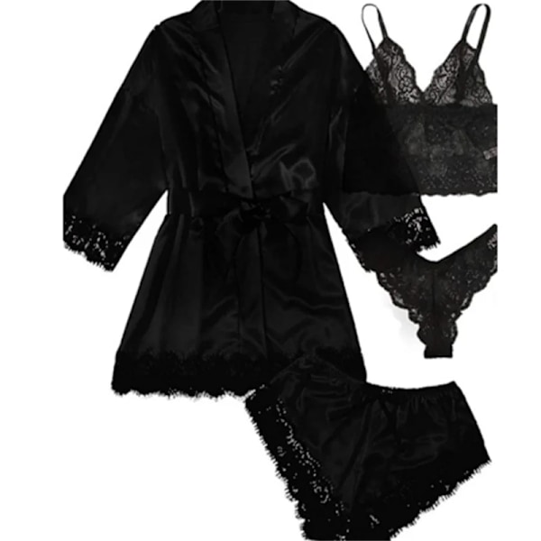 Sommar Hot Sälja Kvinnors Pyjamas Set Spets Fyra Stycke Sling Set Casual Bekväm Pyjamas Black L