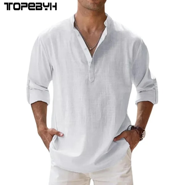 Nya bomullslinneskjortor för män Casual Lättvikts långärmade Henley Beach-skjortor Hawaiian T-shirts för män white 4XL