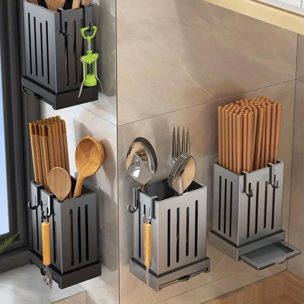 1-delad köksredskapsställ - multifunktionell tömningspinnehållare, väggmonterad eller fristående förvaringslåda för bestick, plast Elegant Grey