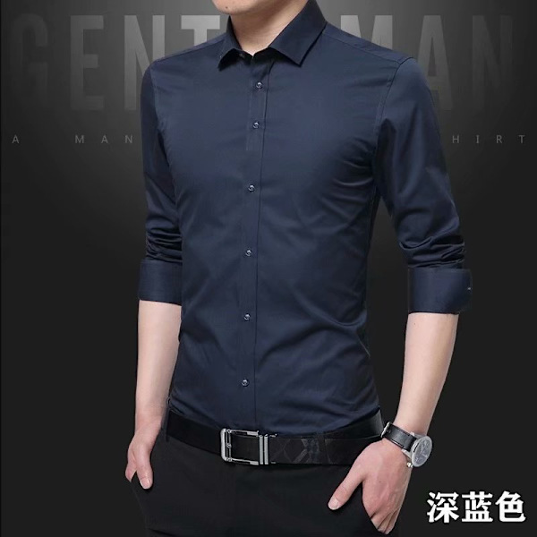 Kevät ja syksy valkoinen paita miehille pitkähihainen trendikäs business slim-fit korealainen tyyli tyylikäs paita ammatillinen mekko miesten paita trendikäs Dark Blue 2XL