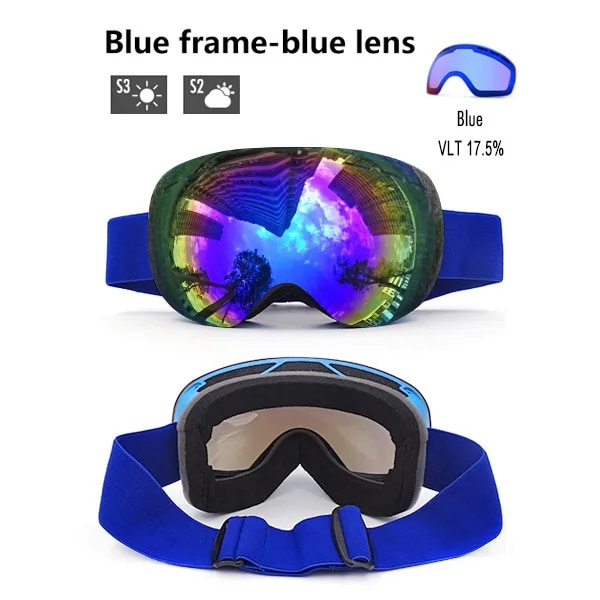 Vinterskidglasögon med case för män Kvinnor Dubbellager Anti-Imma UV400 Motorcykel Snowboardglasögon Skidåkning Snösport Skidmask Blue -blue lens