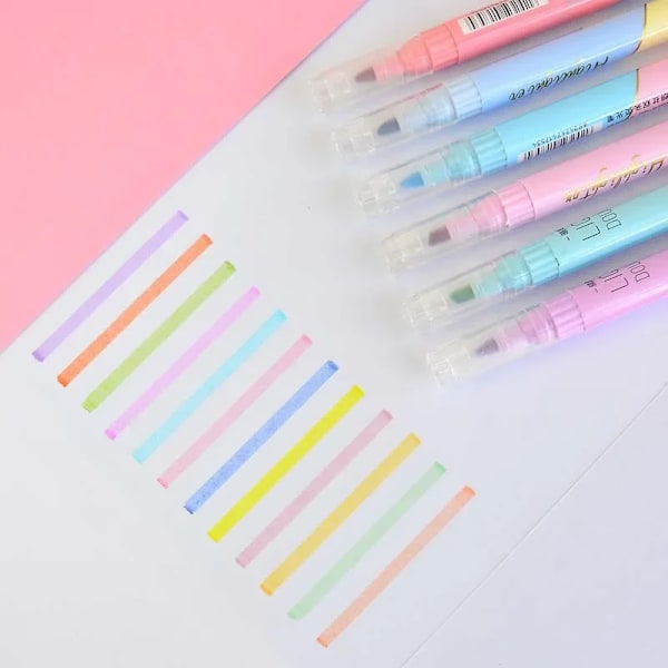 6 Pcs / Set Godis Färg Dubbel Tips Highlighter Pennor Kawaii Cute Manga Markörer Diy Journal Pastell Highlighter Ställ In Skolan. 6 colors