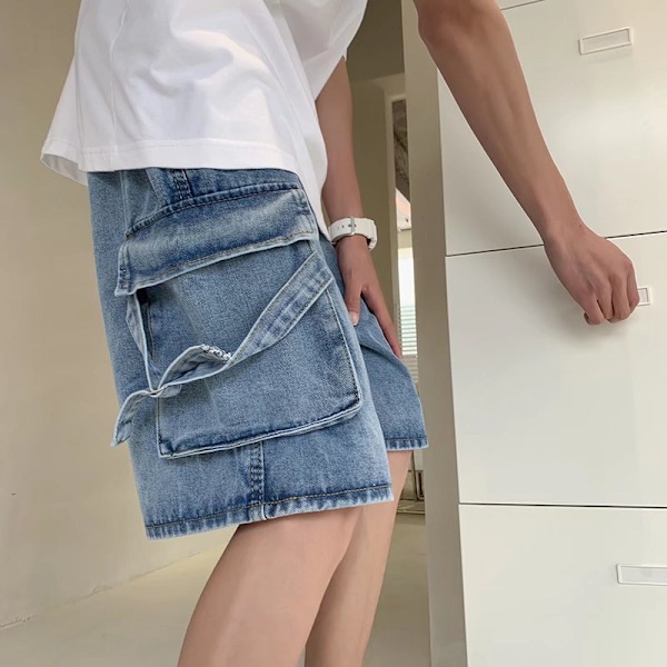 Sommar Trendiga Verktyg Denim Shorts Herr Koreansk Stil Lös Vida Ben Raka Byxor Stilig Casual Femte Byxor Herrkläder Dark Blue L