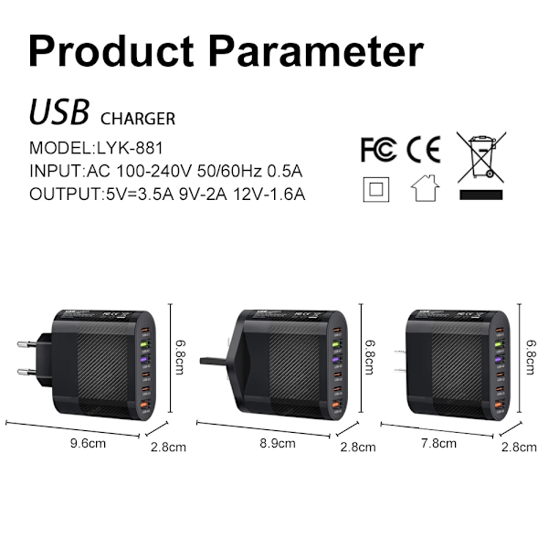 65W USB-C-laturi, useita 6 porttia, tyyppi C, PD-pikalataus, matkapuhelin, seinäadapter 14 15 Pro Xiaomi Samsung Oneplug S Black UK