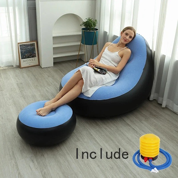 Fashion Inflatable Sofa Leisure Bean Bag Lazy Sofa Set Outdoor Foldable Recliner Bed Fluffy Seat Tatami Footstool Bedroom Chair Sky Blue