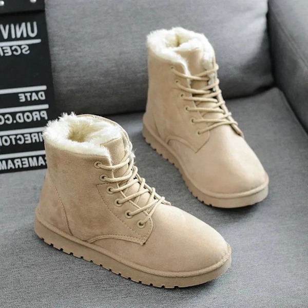 Damskor Stövlar 2024 / Vinter Student Snöstövlar Kort Skaft Varma Snörning Platta Klack Anti-kall Anti-halk Koreansk Stil Bomulls Ankle Boots Beige 38