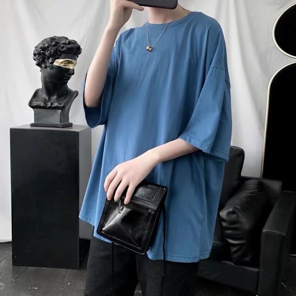Sommar Nya Vita Femkvarter Ärm Män Och Kvinnor Med Samma Lösa Ungdom Stora Storlek Rund Hals Par T- Shirt Övrev Denim Blue 4L