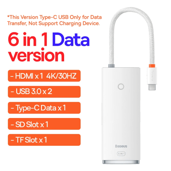 Baseus – HUB USB typ-c mot HDMI, adaptateur USB 3.0, station d'accueil 6 och 1 för MacBook Pro Air 6in1 Data White
