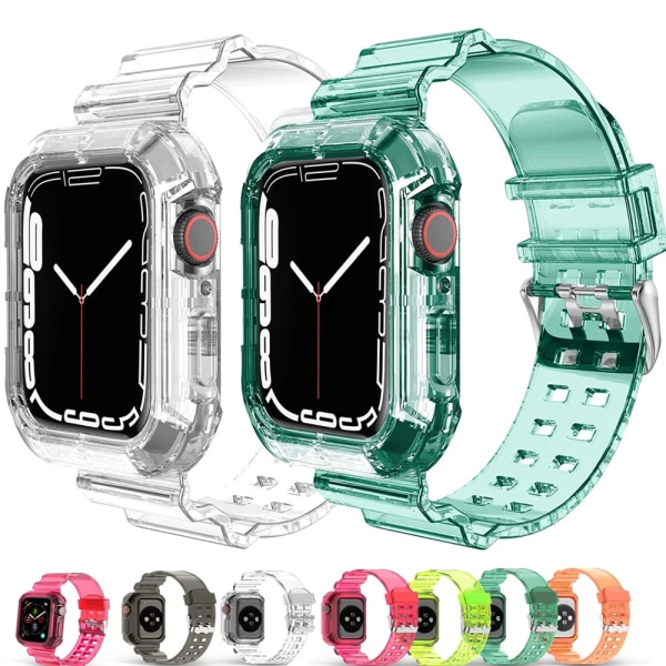 Klart band + case för Apple Watch Series 8 7 6 SE 5 4 45 mm 44 mm 42 mm 41 mm Transparent för iwatch 3 2 38 mm 40 mm gummirem TRPU 38 40 41MM