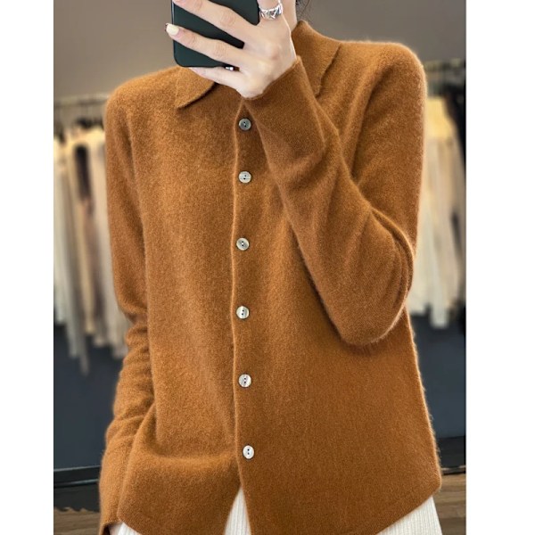 Kvinnor Merino Ulol Sweater Polo Krage Skräddar Cardigan Höst Vinter Cashmere Cashmere Casual Sticka Loose Mjuk Jacka Bottoming Topp S Beige L