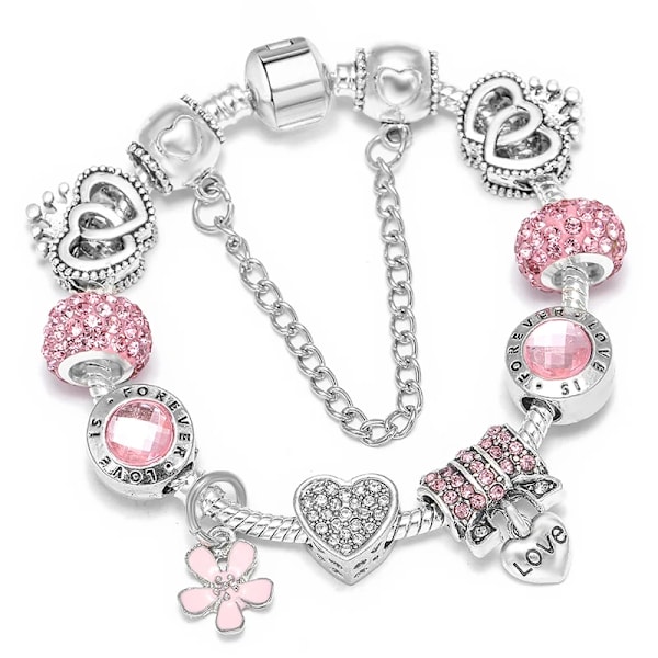 Baopn European Rosa Hjärta Till Hjärta Pärlor Charm Armband För Kvinnor Fit Varumärke Armband & Bangle Par Smycken Dropshippning 001 19cm