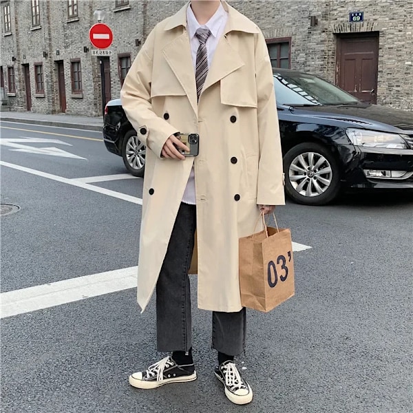 2023 Våren Höst Mäns Lös-Fit Trench Rock Stilfull Hong Kong Style Dubbelrade Knäppning Medelstor Överrocka Khaki 2XL