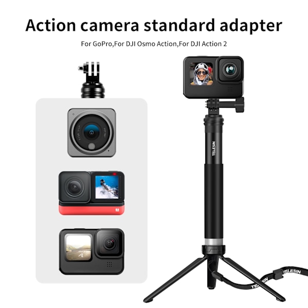 Telesin til Gopro Selfie Stick Foldbar Stativ Telefonholder Aluminiumlegering Monopod til Dji Action Insta360 S Smartphone With Aluminum tripod