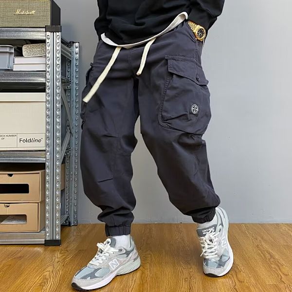 Hösten Amerikanska Casual Handsome Khaki Multi-Pocket Cargo Byxor Mäns Lös Dragsnöre Ankel Band Byxor Trendig Våren Och Sommare Green M