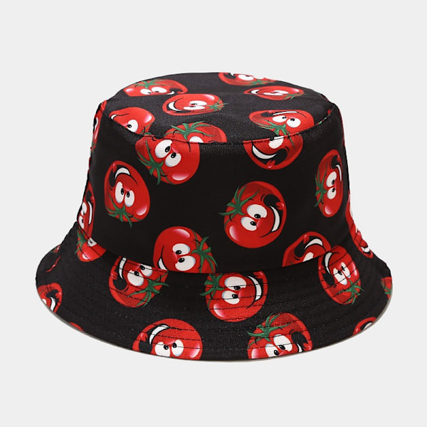 2024 Ny Kreativ Tryk Grøntsagsmønster Spand Hat Kvindernes Sommer Udendørs Casual Sol-Proof Hat All-Matching Pool Hat Tomato Pattern Black M（56-58cm）