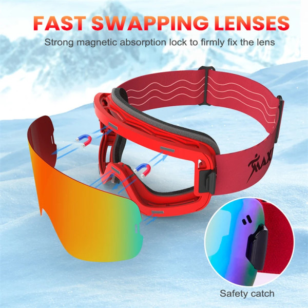 Magnetiska skidglasögon män Snowboardglasögon dubbla lager lins Anti-dim UV400 snöglasögon dam snöskoter skidglasögon OTG ZM030 Red Goggles