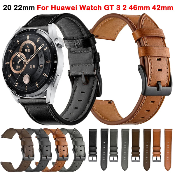 20 22MM Armband Läderrem För Huawei Watch GT 3 2 GT3 GT2 Pro 46mm 42mm Honor Magic Smart Watch Band Armband Armband Leather Black Huawei GT 3 Pro 46mm