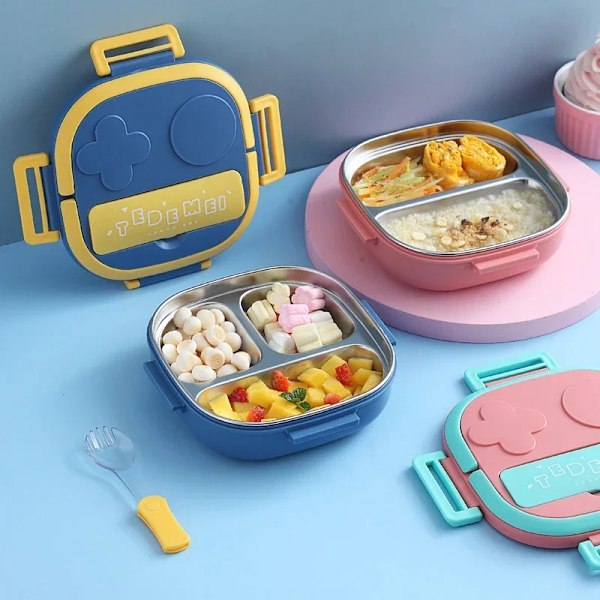 304 rustfrit stål bærbar frokostboks Bento-boks til baby barn studerende skole termisk madbeholder til udendørs camping picnic Blue-2grids