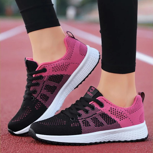 Kvinnor Casual Skor Andningsbara Promenader Mesh Spets Upp Platta Skor Sneakers Kvinnor Tenis Feminino Rosa Svart Vitt Pink 35