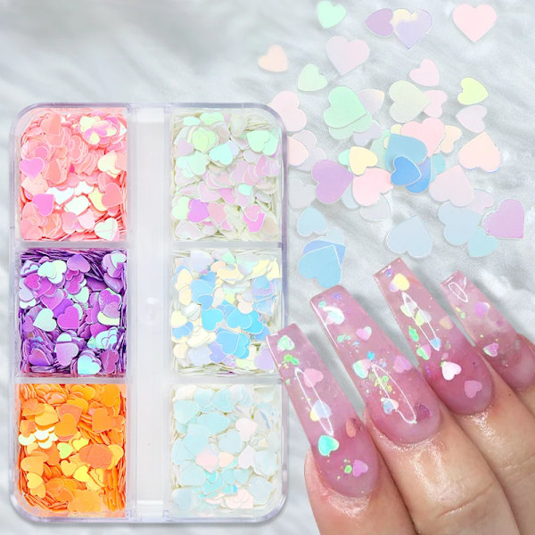 Valentinsdag Mixade Hjärtformade Nagelglitter Röda Flakes Sekvenser Pulver Dekorativa Tillbehör För Professionella Nagelkonsttillbehör 6G-RYAX1