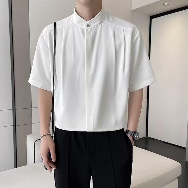Ice Silk Shirt Herr Hong Kong Stil Trendigt Mærke Hvid Skjorte Herre Vår Sommer Casual Kortærmet Skjorte Halv Ærme Skjorte Trendig Black XXL