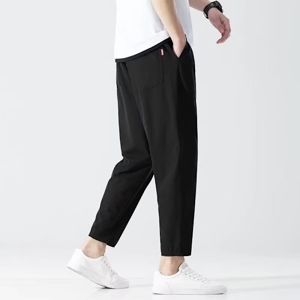 Ankel Längd Byxor Mäns Sommar Tunn Och Allt Matchar Rak Lös Is Silk Snabbtorkande Svart Casual Tren Brett Ben Beskärda Byxor Black 4XL